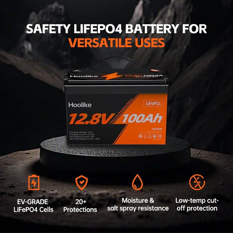 12.8V 100Ah LiFePO4 battery with EV-grade cells, moisture resistance, and 20+ protections for versatile power needs