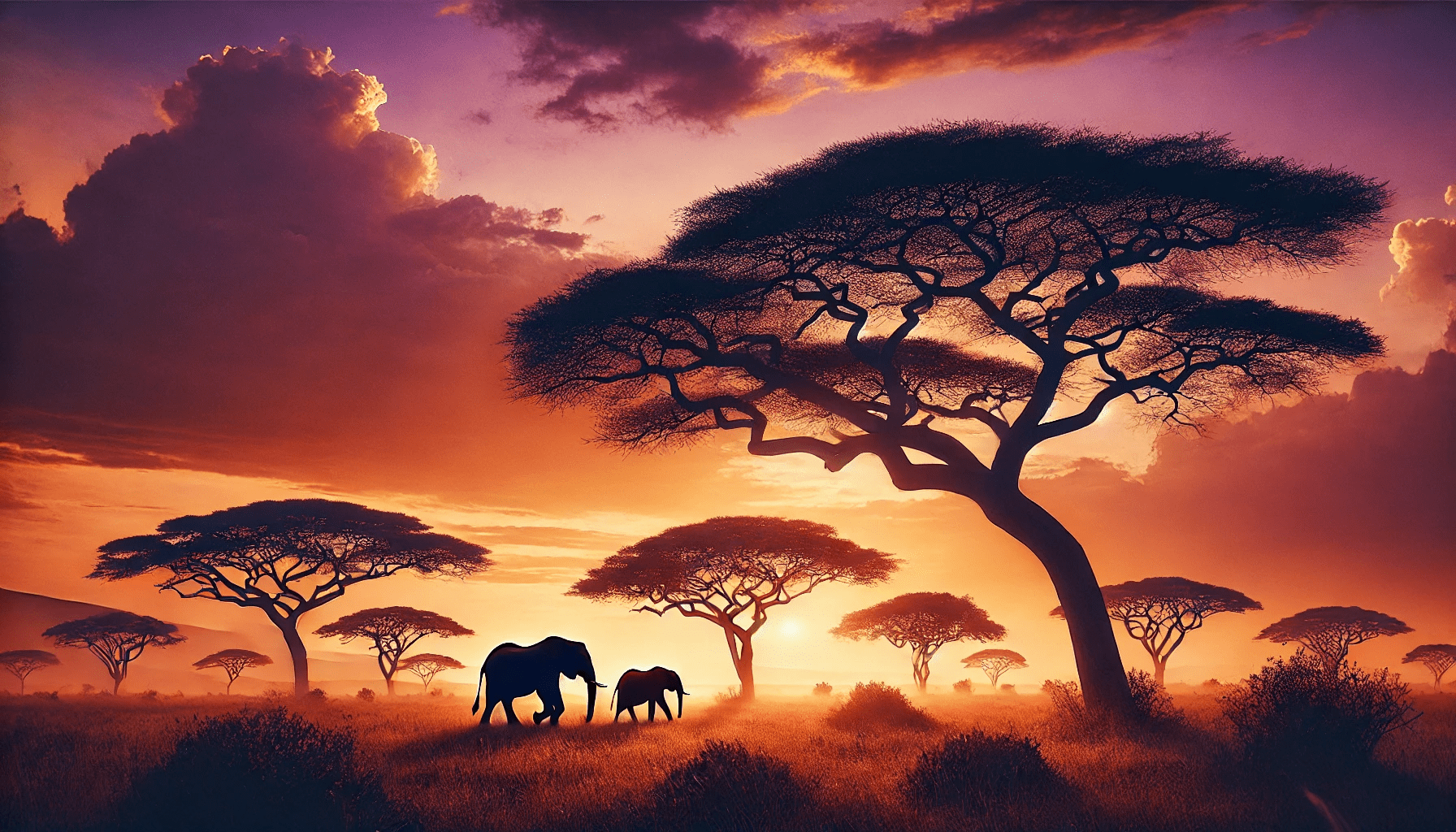  African savanna sunset with silhouetted acacia trees and walking elephants.