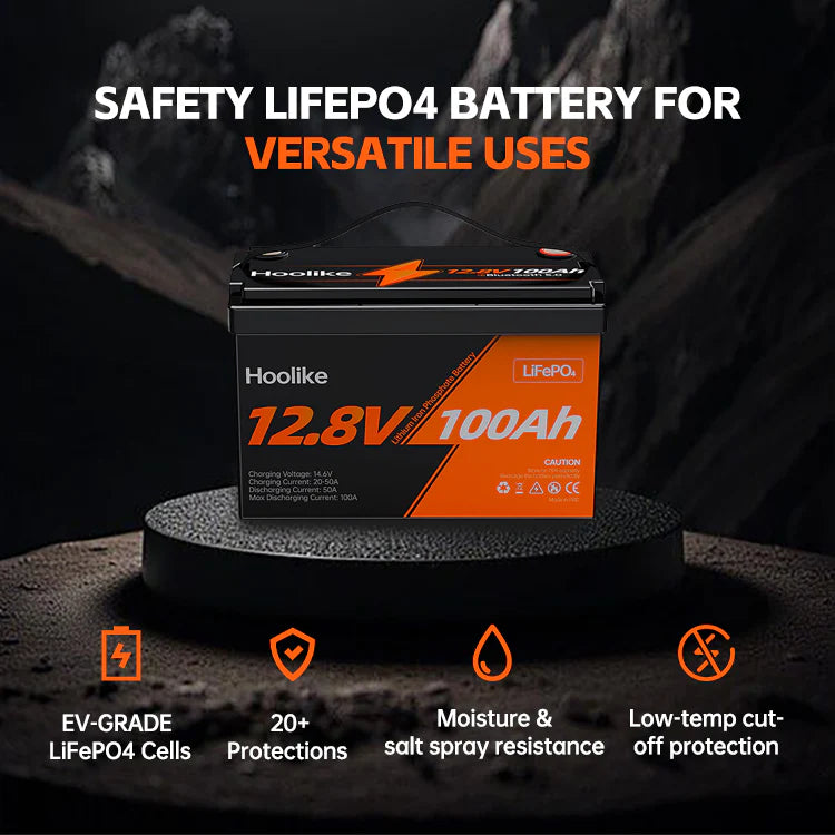  Hoolike 12.8V 100Ah LiFePO4 battery with safety features for versatile applications