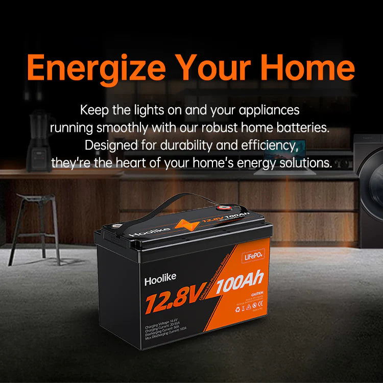 "HOOLIKE 12.8V 100Ah battery for home energy solutions, showcasing durability and efficiency."