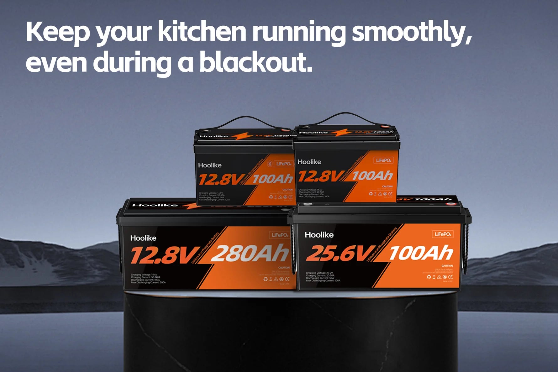  Hoolike LiFePO4 batteries with text: "Keep your kitchen running smoothly, even during a blackout