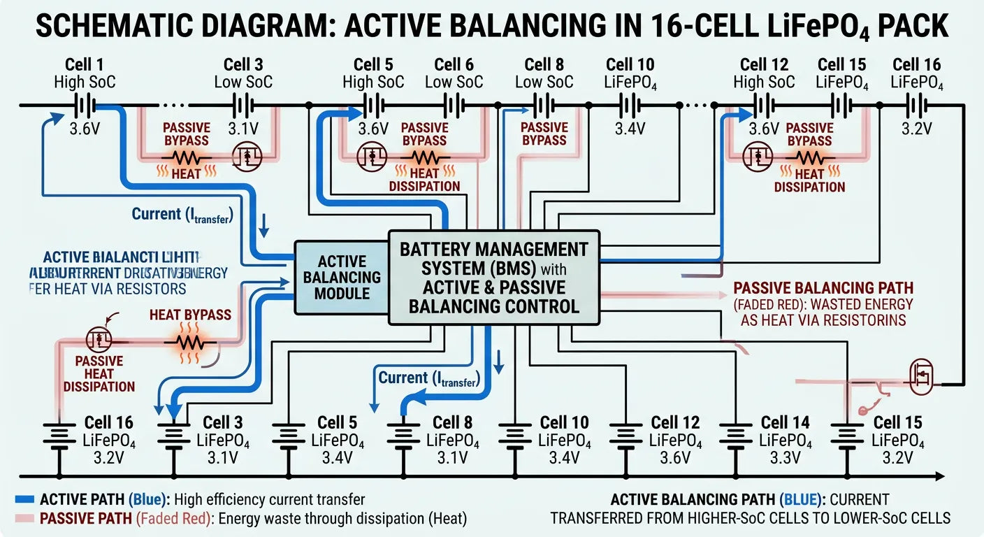 A schematic diagram showing active balancing in a 16‑cell LiFePO₄ pack