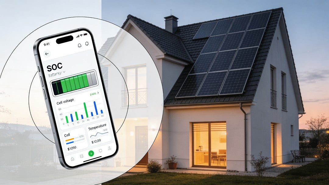 Smart BMS monitoring dashboard showing battery state of charge and cell data for home energy storage