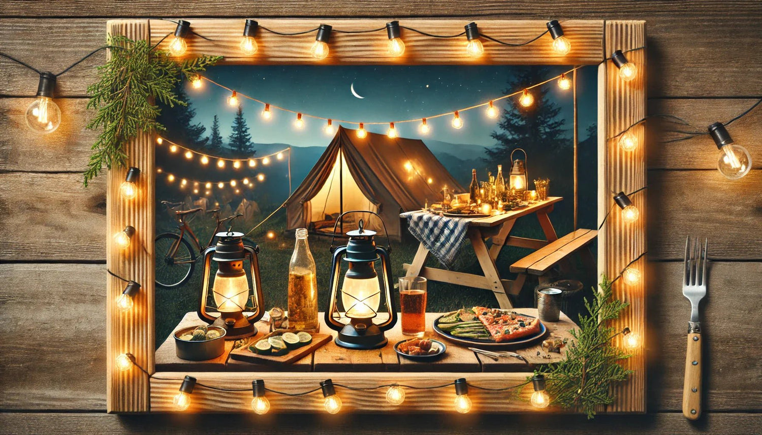 Rectangular outdoor camping scene with string lights, a cozy tent, lanterns, and a wooden table with food