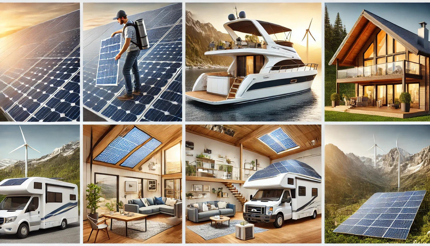  Collage of solar panels, a person installing solar panels, a yacht, an RV, modern homes, and scenic mountains showcasing renewable energy use.