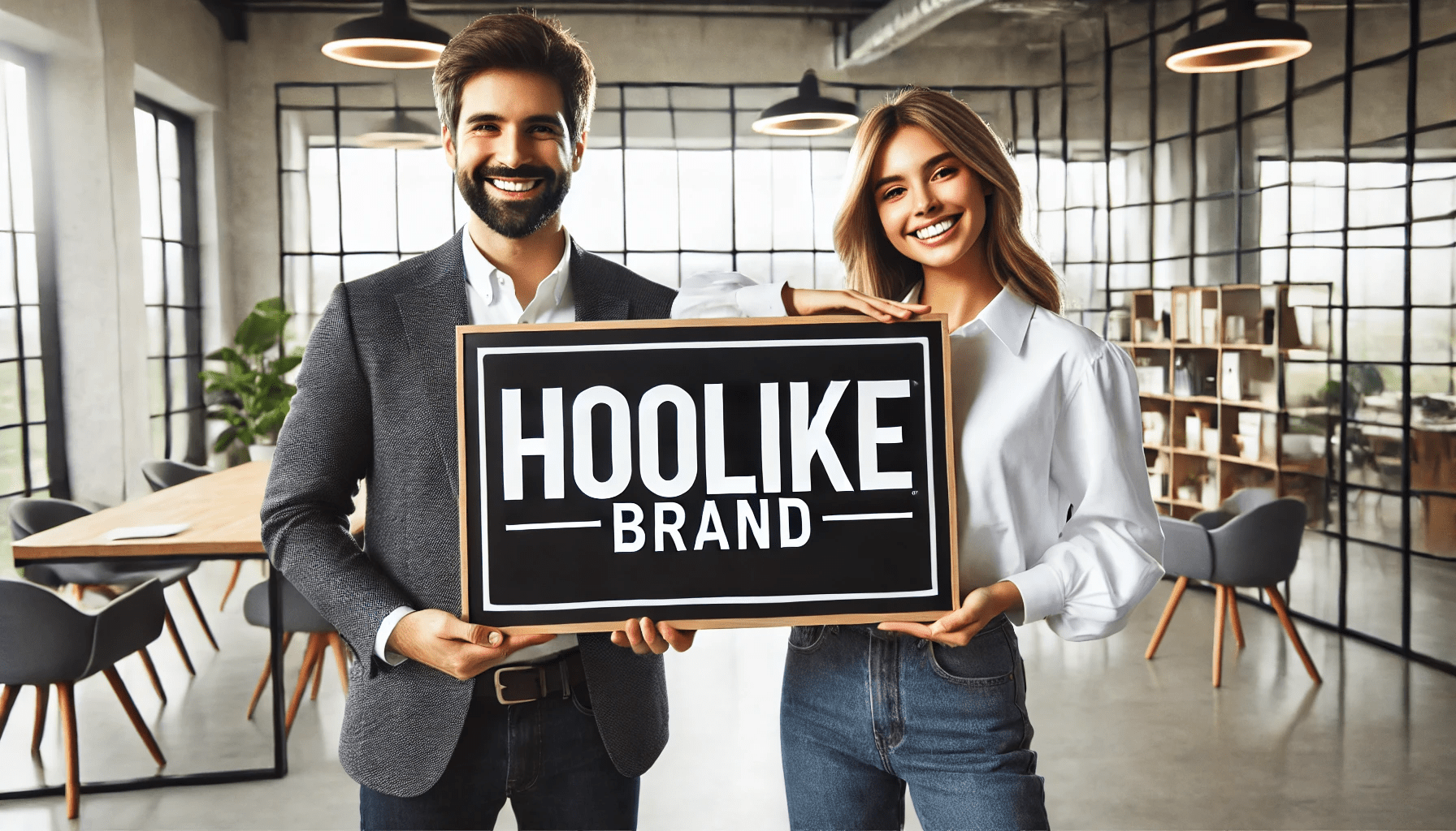 Two business people holding a large rectangular board with “Hoolike Brand” text in front of a modern office.