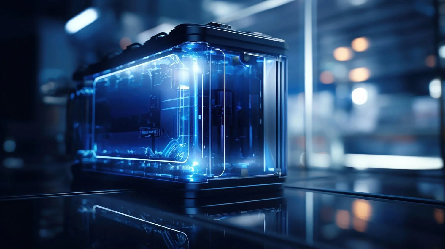 High-performance LiFePO₄ battery with glowing blue internal components in a sleek, modern design.