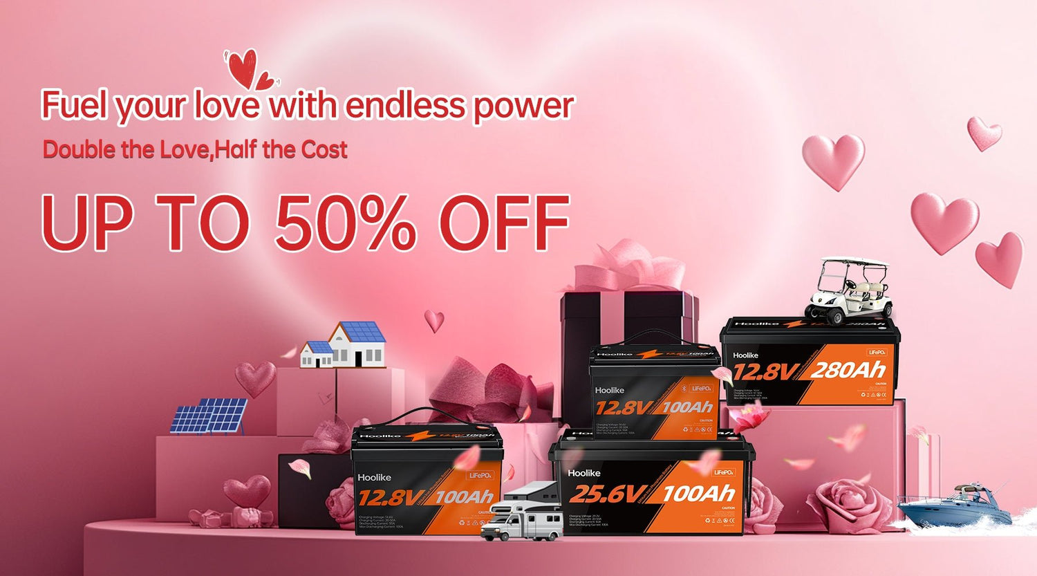 Hoolike Valentine's Day sale banner featuring LiFePO4 batteries with up to 50% off, pink background with hearts and energy-related icons.