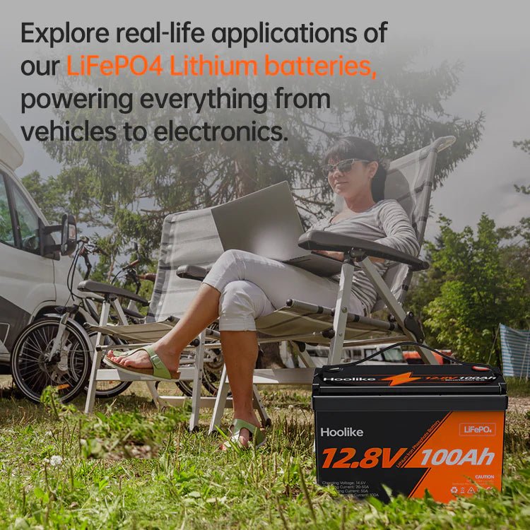  "HOOLIKE LiFePO4 Lithium battery powering outdoor electronics and vehicles."