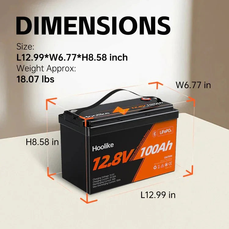 12.8V 100Ah LiFePO₄ battery with dimensions: L12.99 x W6.77 x H8.58 inches, 18.07 lbs