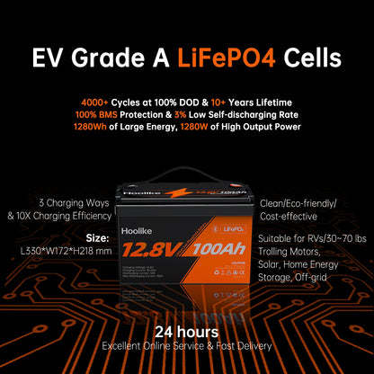 HOOLIKE 12.8V 100Ah Bluetooth-Enabled Lithium Iron Phosphate (LiFePO4) Battery - Hoolike