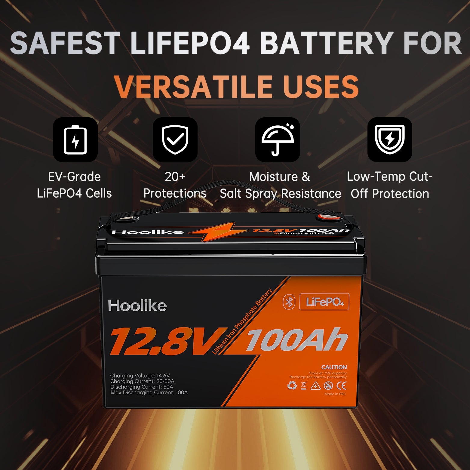 HOOLIKE 12.8V 100Ah Bluetooth-Enabled Lithium Iron Phosphate (LiFePO4) Battery - Hoolike