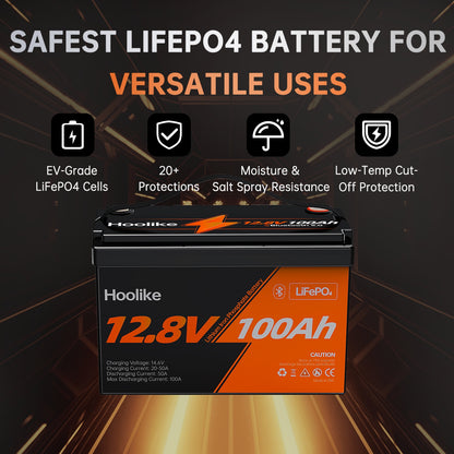 HOOLIKE 12.8V 100Ah Bluetooth-Enabled Lithium Iron Phosphate (LiFePO4) Battery - Hoolike