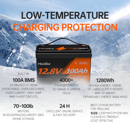 HOOLIKE 12.8V 100Ah Bluetooth-Enabled Lithium Iron Phosphate (LiFePO4) Battery - Hoolike