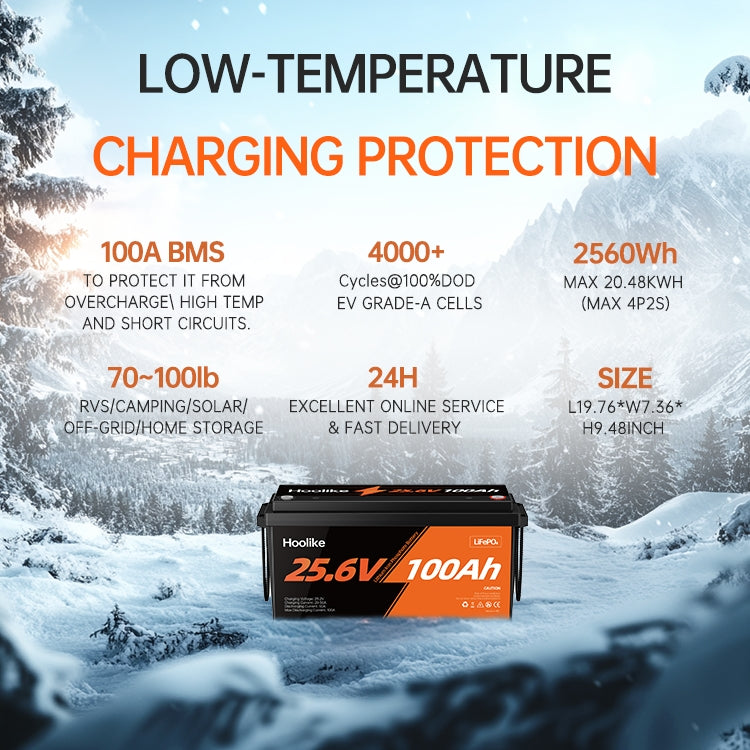 HOOLIKE 25.6V 100Ah Lithium Iron Phosphate (LiFePO4) Battery