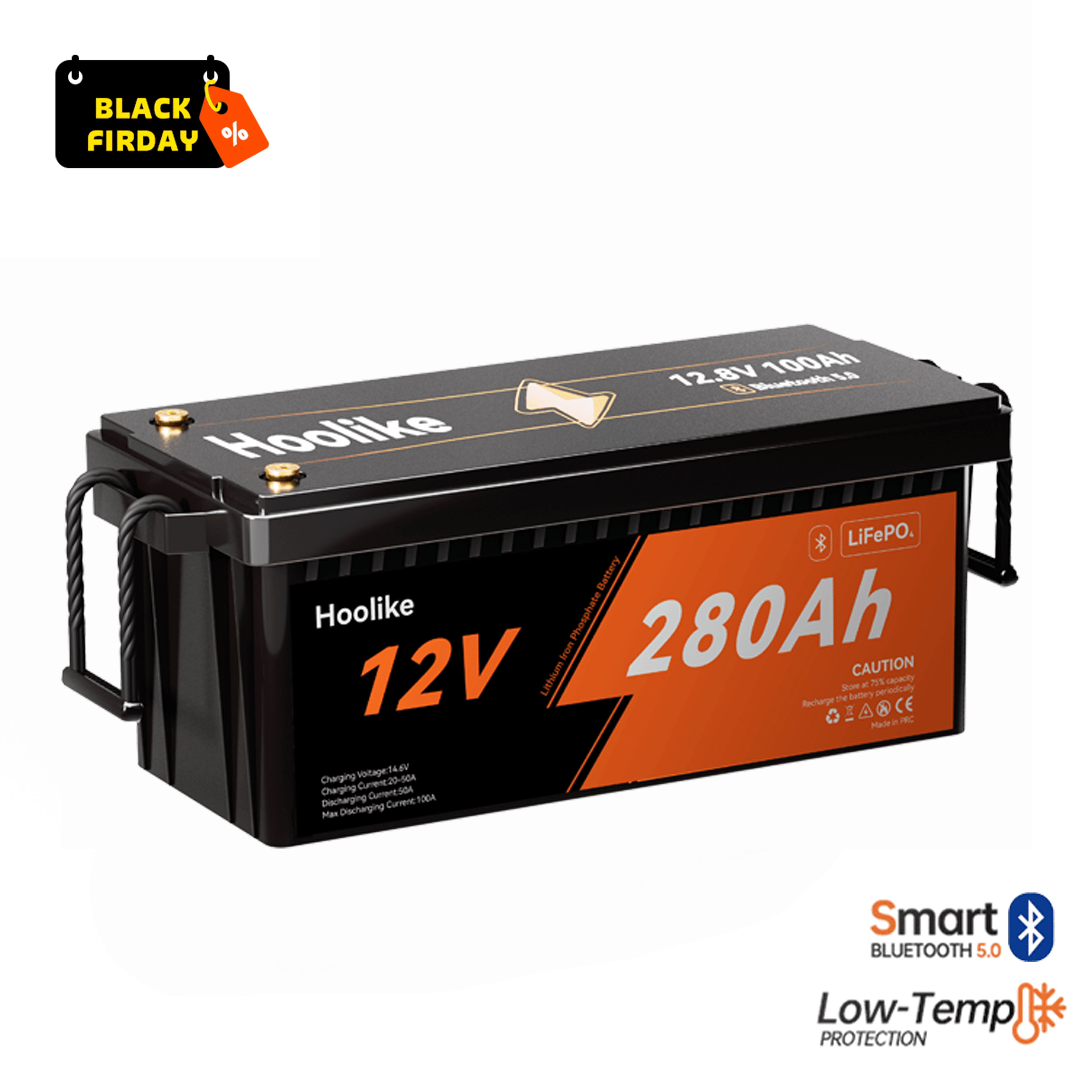 HOOLIKE 12.8V 280Ah Bluetooth-Enabled Lithium Iron Phosphate (LiFePO4) Battery