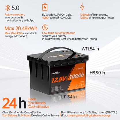 HOOLIKE 12.8V 100Ah Bluetooth-fähiger Lithium-Eisen-Phosphat (LiFePO4) Akku