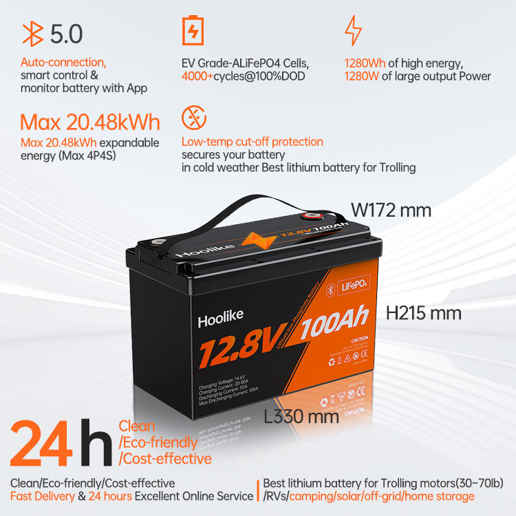 HOOLIKE 12.8V 100Ah Bluetooth-Enabled Lithium Iron Phosphate (LiFePO4) Battery - Hoolike