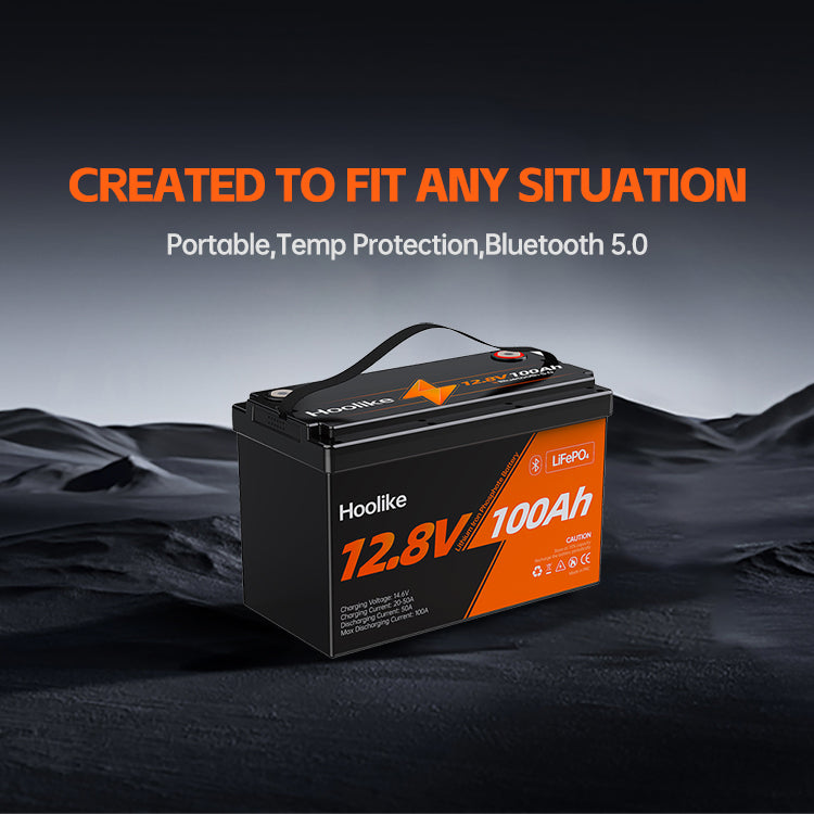 "Hoolike 12.8V 100Ah LiFePO4 battery with portability, temperature protection, and Bluetooth 5.0 compatibility."